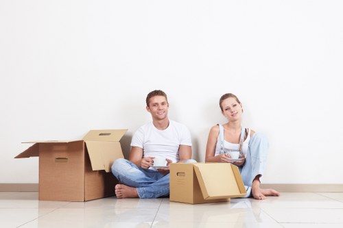 Packed boxes and furniture prepared for a home move in Coulsdon